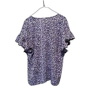 Michael Kors Blouse Top Women SZ L Purple Floral Round Neck Ruffle Short Sleeve